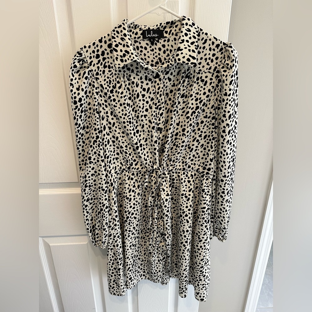 White Abstract Print Long Sleeve Shirt Dress